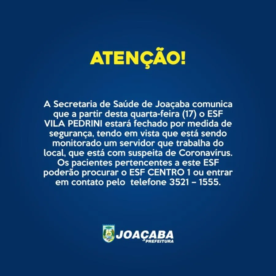 Prefeitura de Joaçaba fecha ESF Vila Pedrini após servidor apresentar sintomas de Covid-19