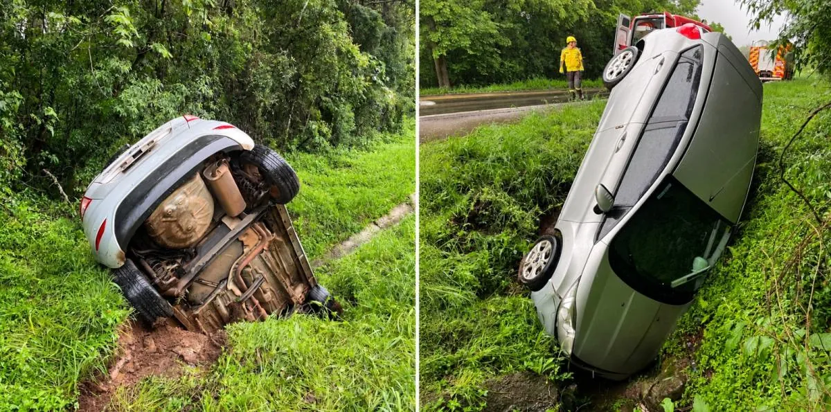 Carro sai da pista na BR-282 em Joaçaba e mobiliza equipes de resgate na manhã desta sexta-feira (09)