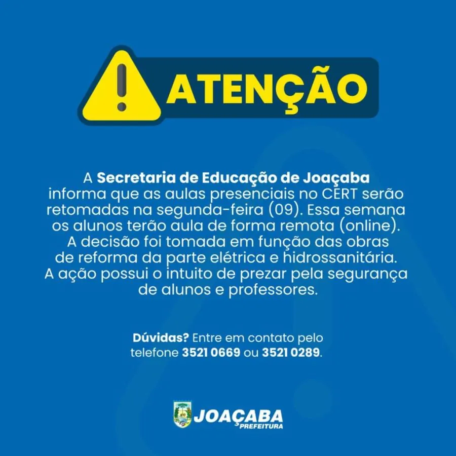 Aulas presenciais no CERT serão retomadas na segunda-feira (09)