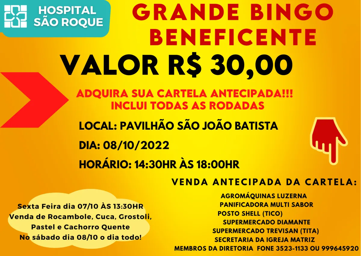 Tradicional Bingo Beneficente do Hospital São Roque acontecerá no dia 08 de Outubro
