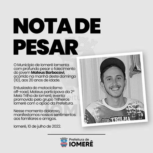 Jovem morre após acidente em trilha de moto em Iomerê