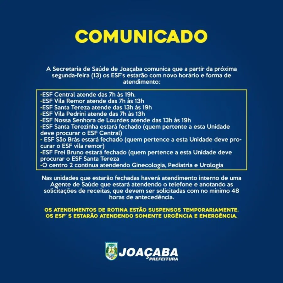 ESFs de Joaçaba atenderão em novo horário a partir de segunda (13)