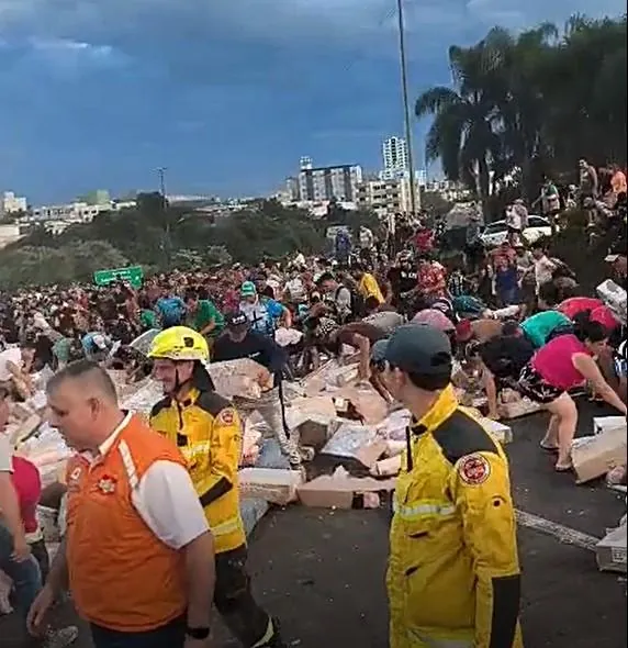Carga de carreta tombada é liberada e moradores recolhem toneladas de carne na BR-282