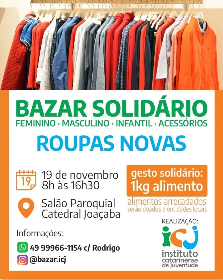 Instituto Catarinense de Juventude (ICJ) realizará Bazar Solidário neste sábado (19)