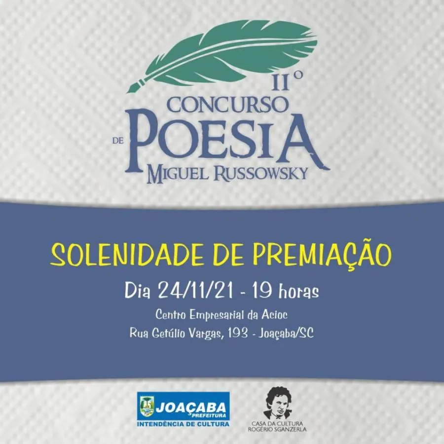 Vencedores do III Concurso de Poesia Miguel Russowsky serão premiados na próxima quarta-feira