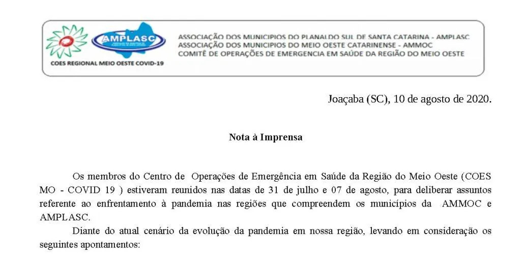 COES regional divulga carta de como deveriam ser as ações no combate a pandemia