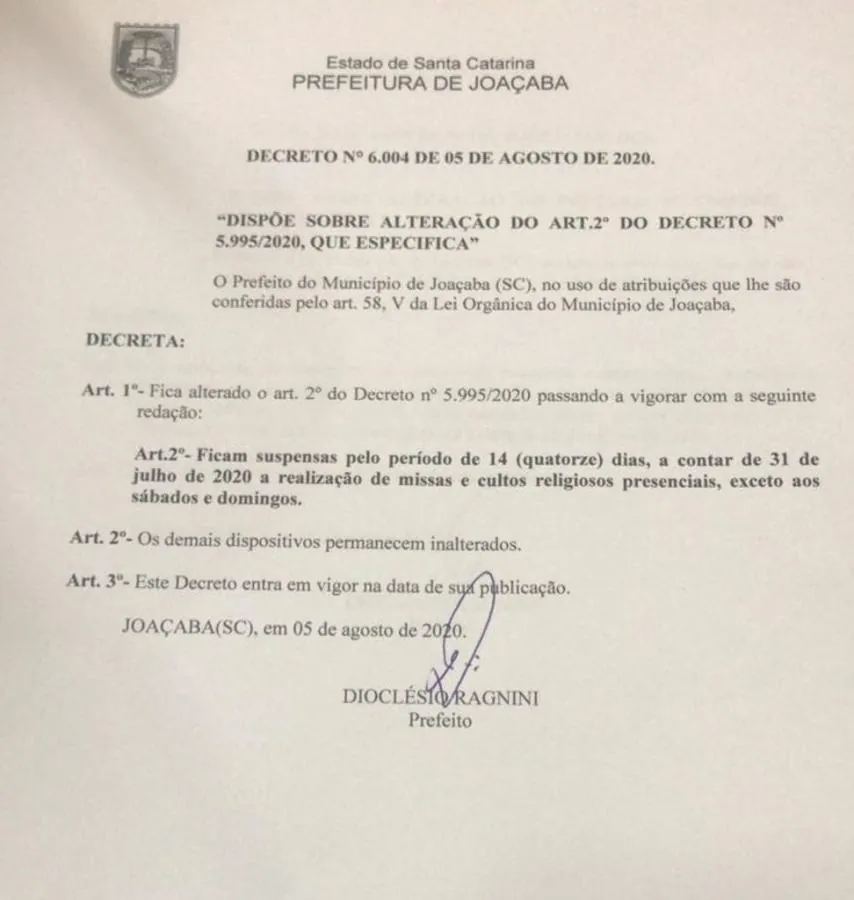 Novo decreto autoriza retorno de missas e cultos  aos finais de semana em Joaçaba