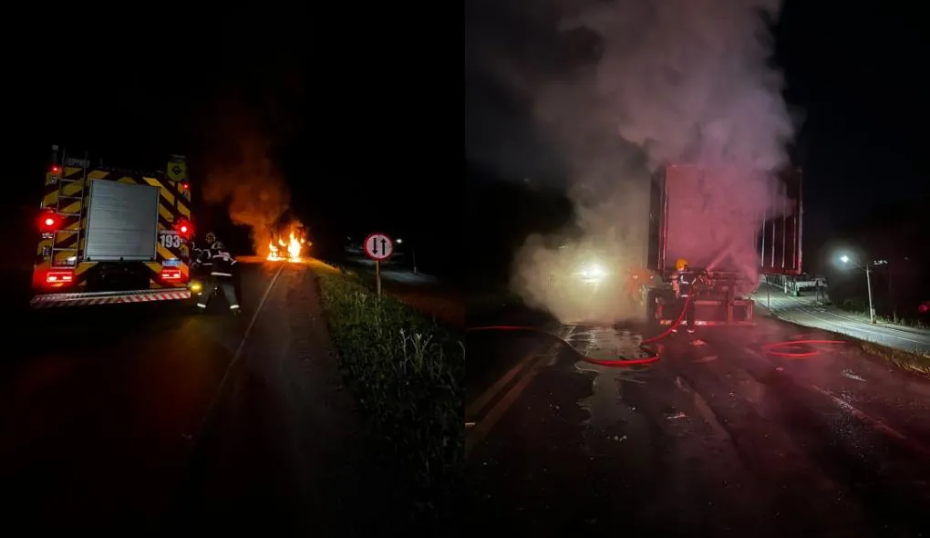 Incêndio atinge compartimento de carga de caminhão na BR-282
