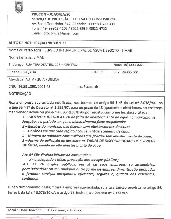 Procon notifica Simae por causa da falta de água em Joaçaba, Herval e Luzerna