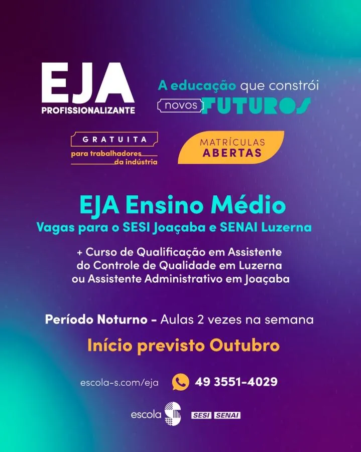 EJA do Sesi/Senai está com inscrições abertas