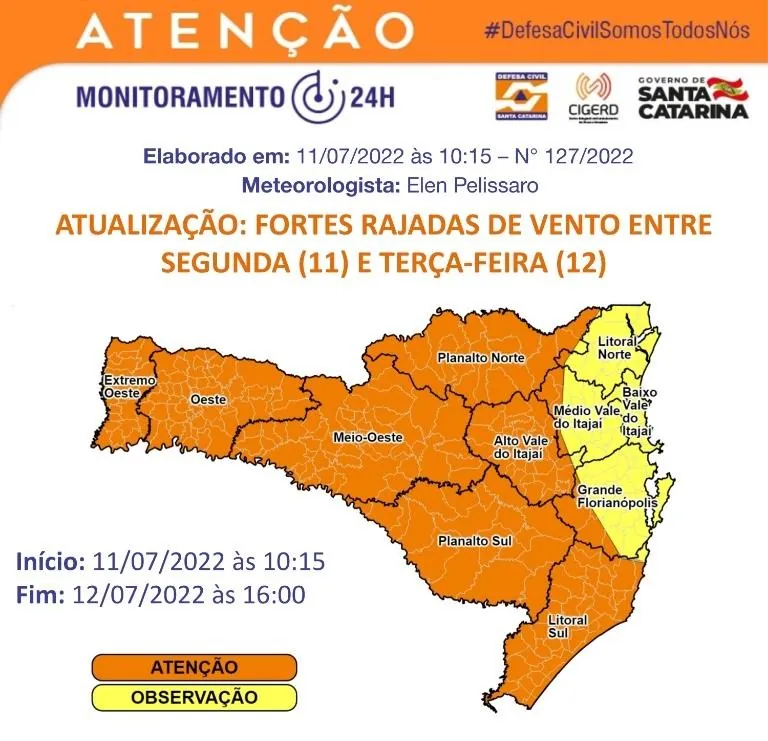 SC tem alerta para rajadas de vento de até 90km/h nesta segunda-feira