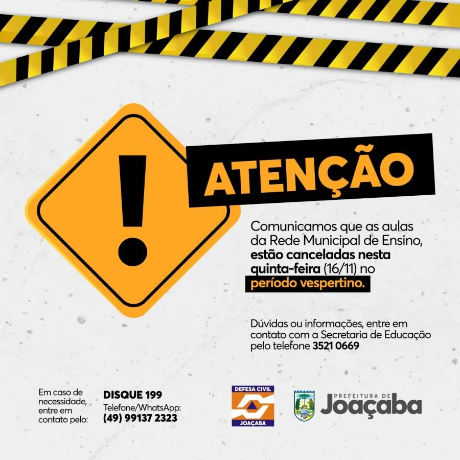 Aulas no período vespertino desta quinta-feira (16) estão canceladas da Rede Municipal de Ensino de Joaçaba