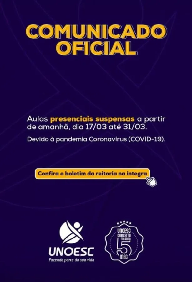 Aulas Presenciais na Unoesc estão temporariamente suspensas