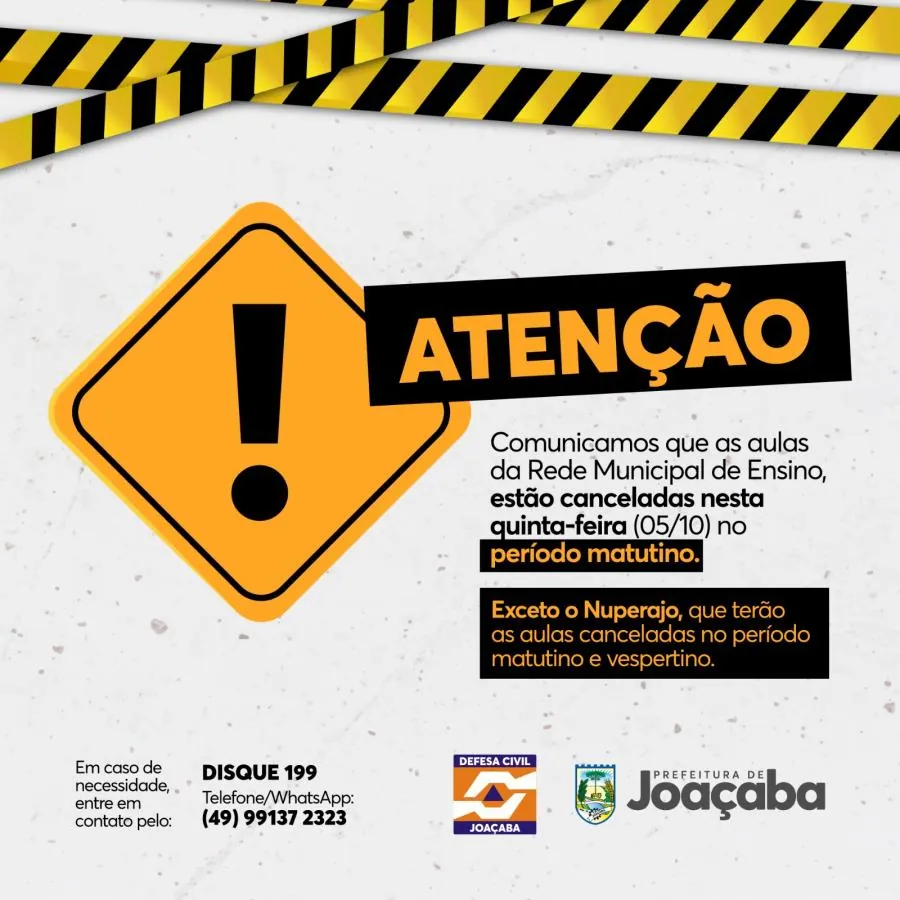 Aulas da Rede Municipal de Ensino de Joaçaba estão canceladas no período matutino desta quinta-feira (05)