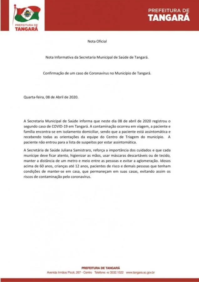 Segundo caso de Coronavírus é registrado em Tangará