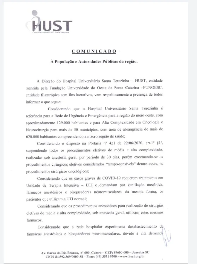 Urgente: HUST suspende todas as cirurgias por falta de medicamentos