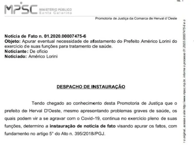 Ministério Público abre procedimento para saber se saúde do prefeito esta interferindo na administração de Herval d’ Oeste