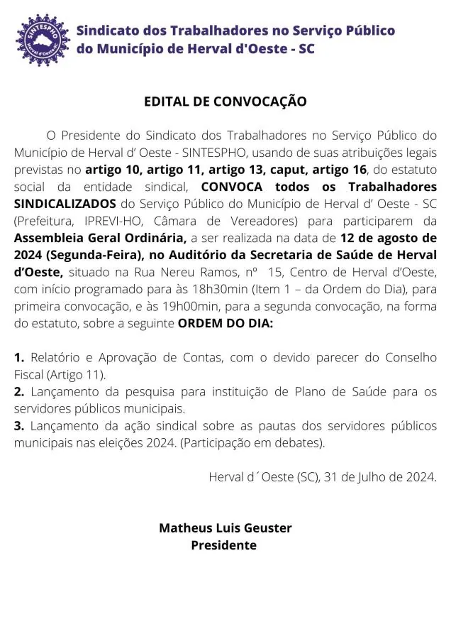Edital de Convocação Sintespho