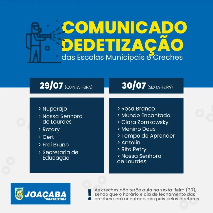 Secretaria de Educação de Joaçaba fará dedetização nas escolas e creches do município na próxima semana